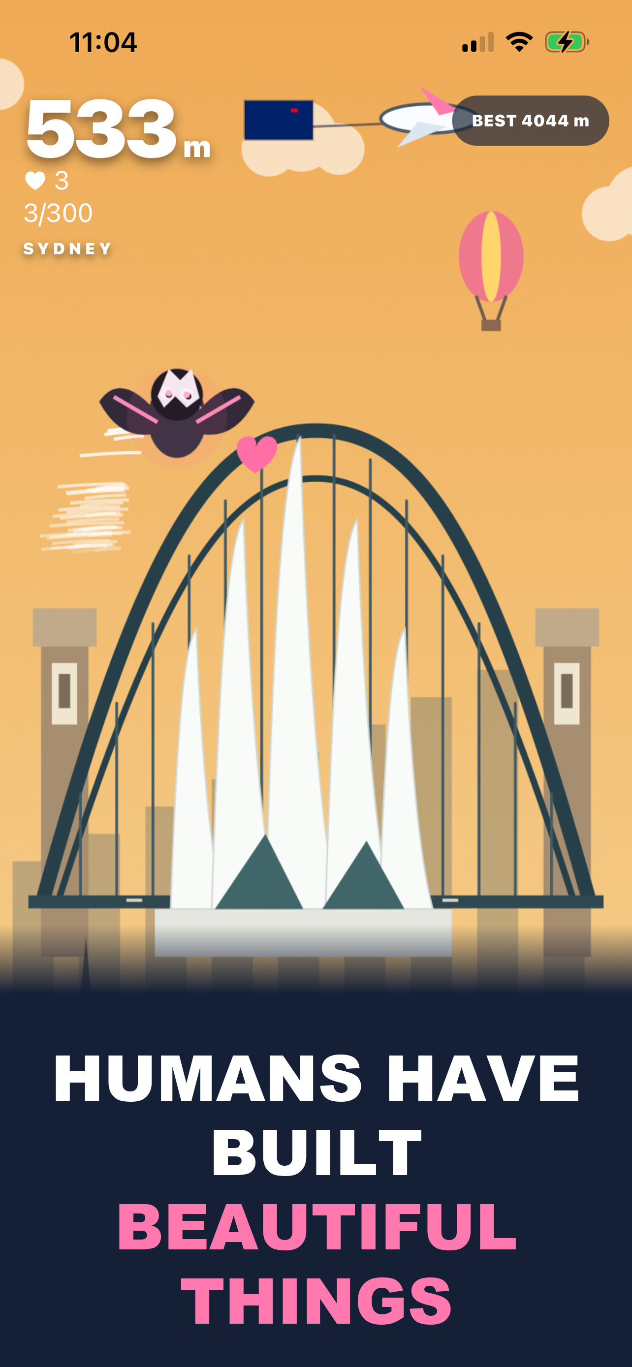 Becky the Bat flying past the Sydney Opera House