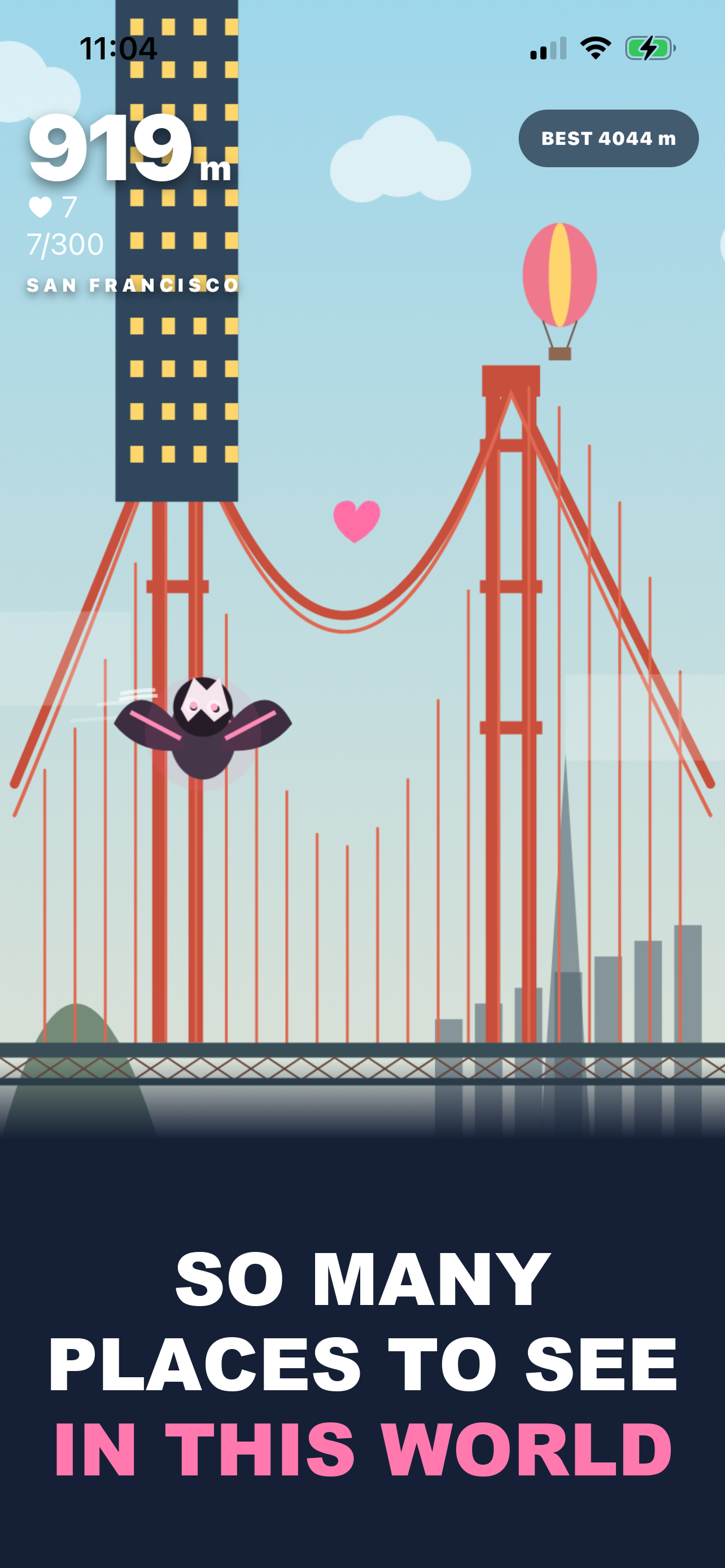 Becky the Bat flying past the Golden Gate Bridge in San Francisco