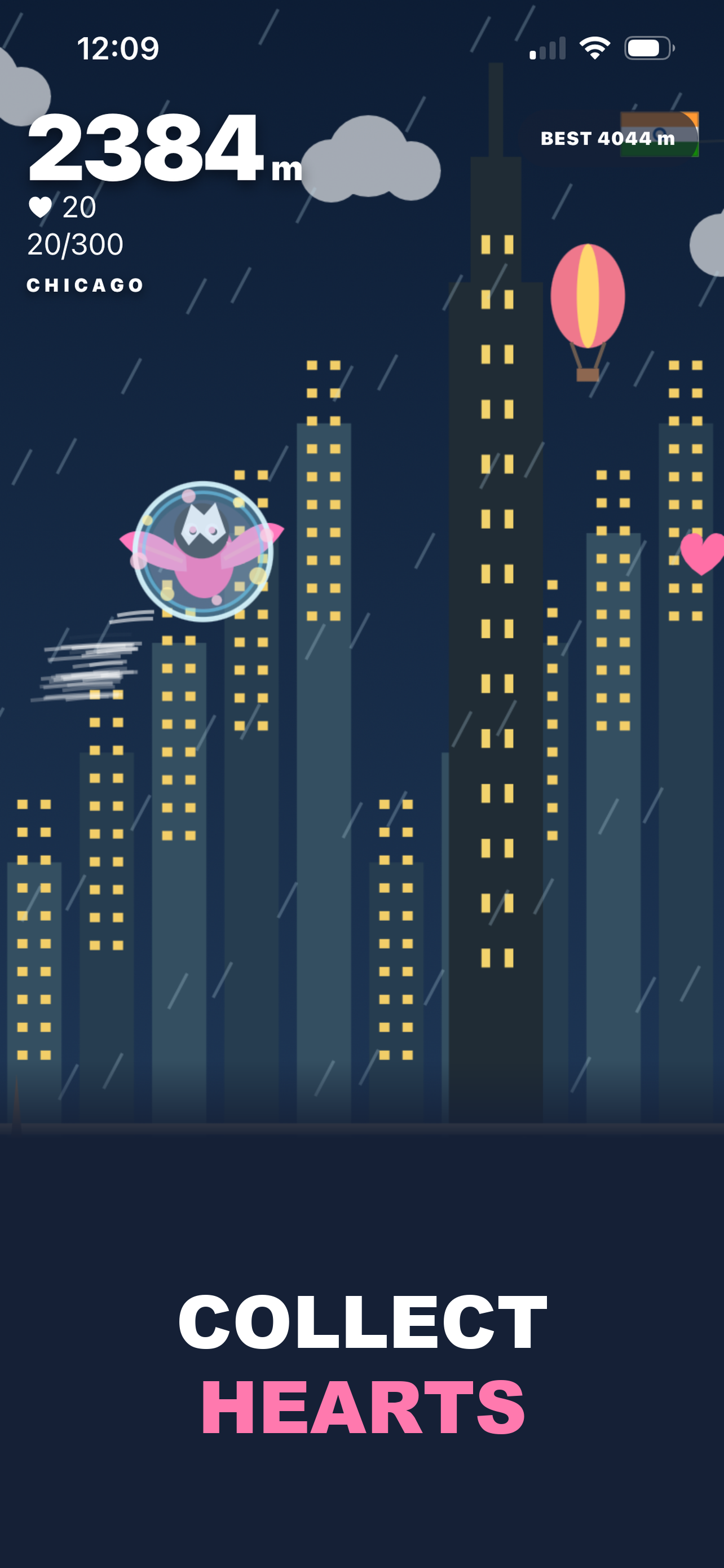 Becky the Bat collecting hearts over Chicago at night