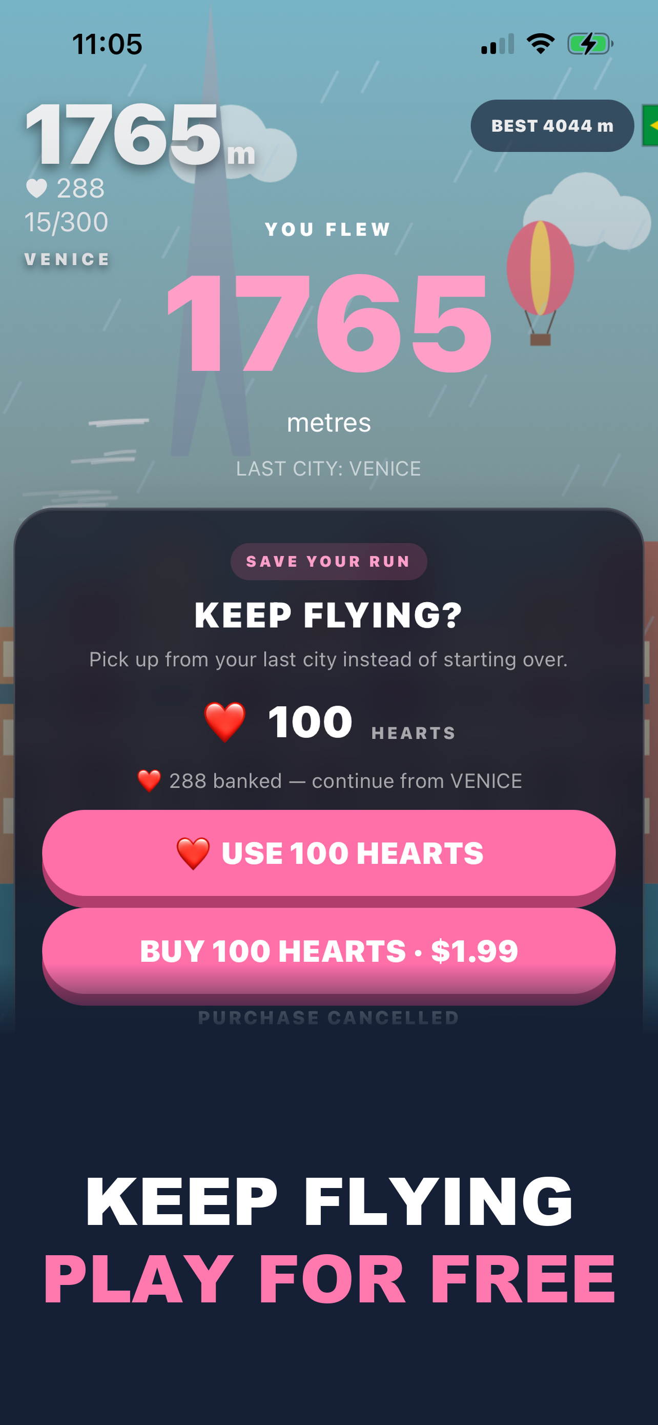 Becky the Bat Keep Flying screen with 100 Hearts option